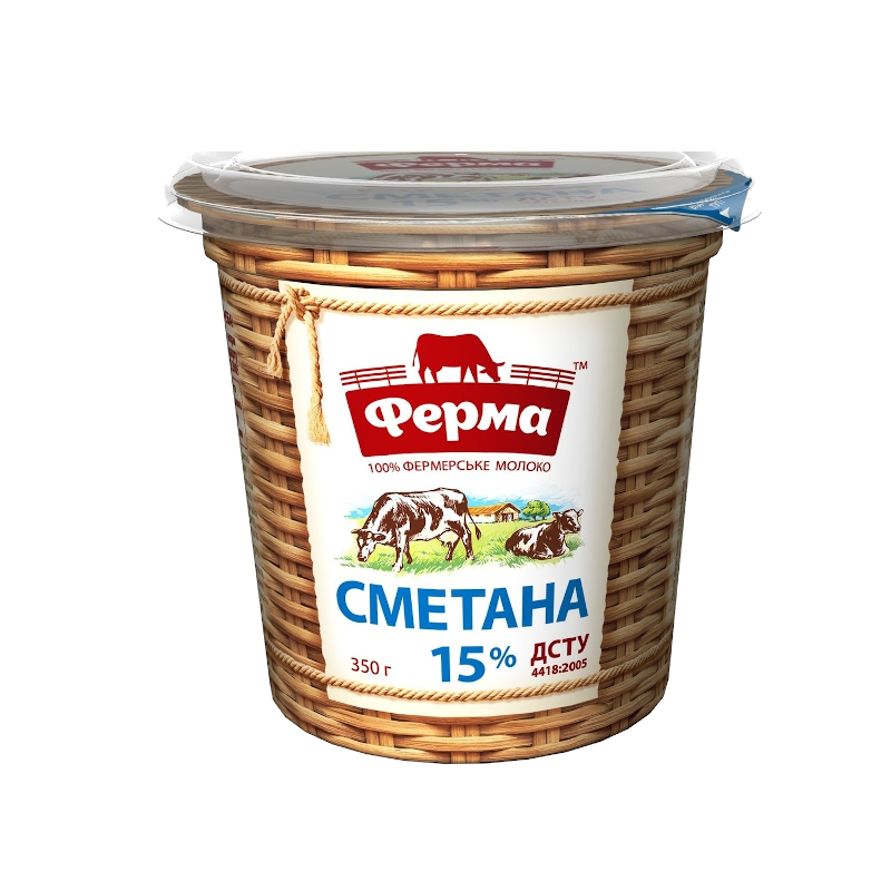 Сметана ФЕРМА 15%, 350г, стакан пластиковий